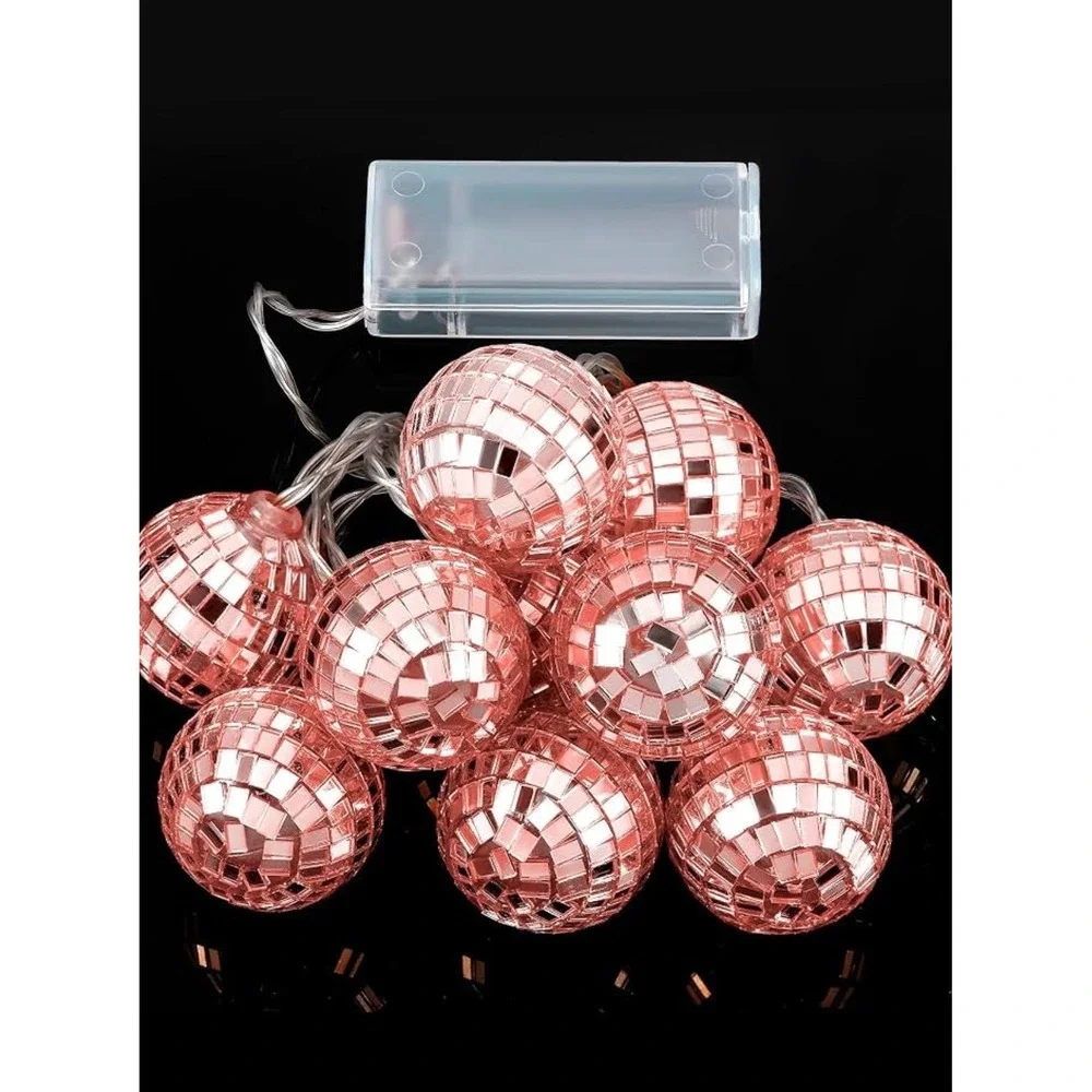 NWT LED Pink Disco Ball String Lights Battery Powered 70s Party Decor